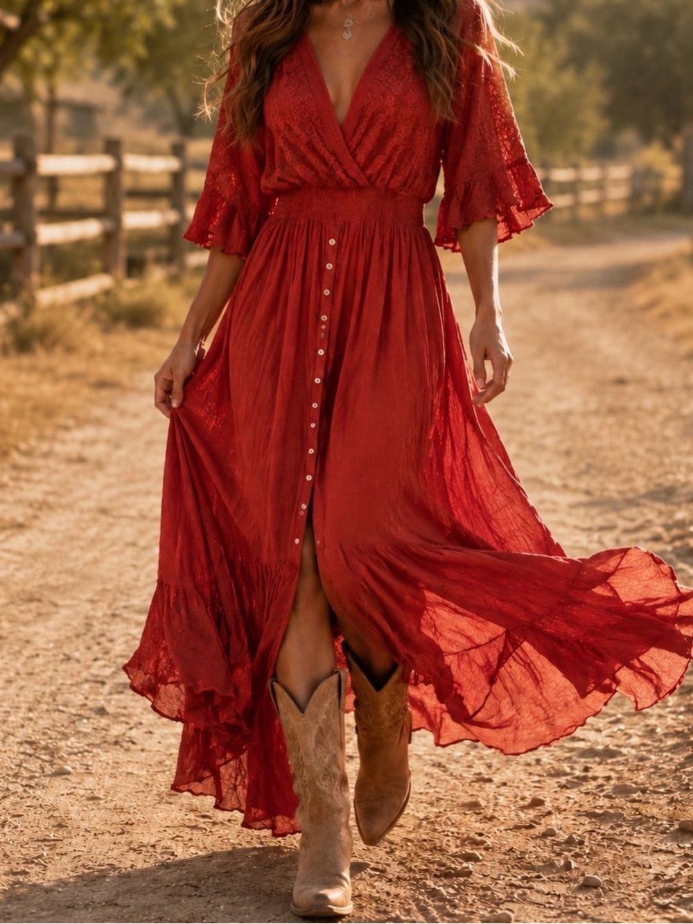 Three birds nest Lunette Bohemian Red Button-Front Maxi Dress
